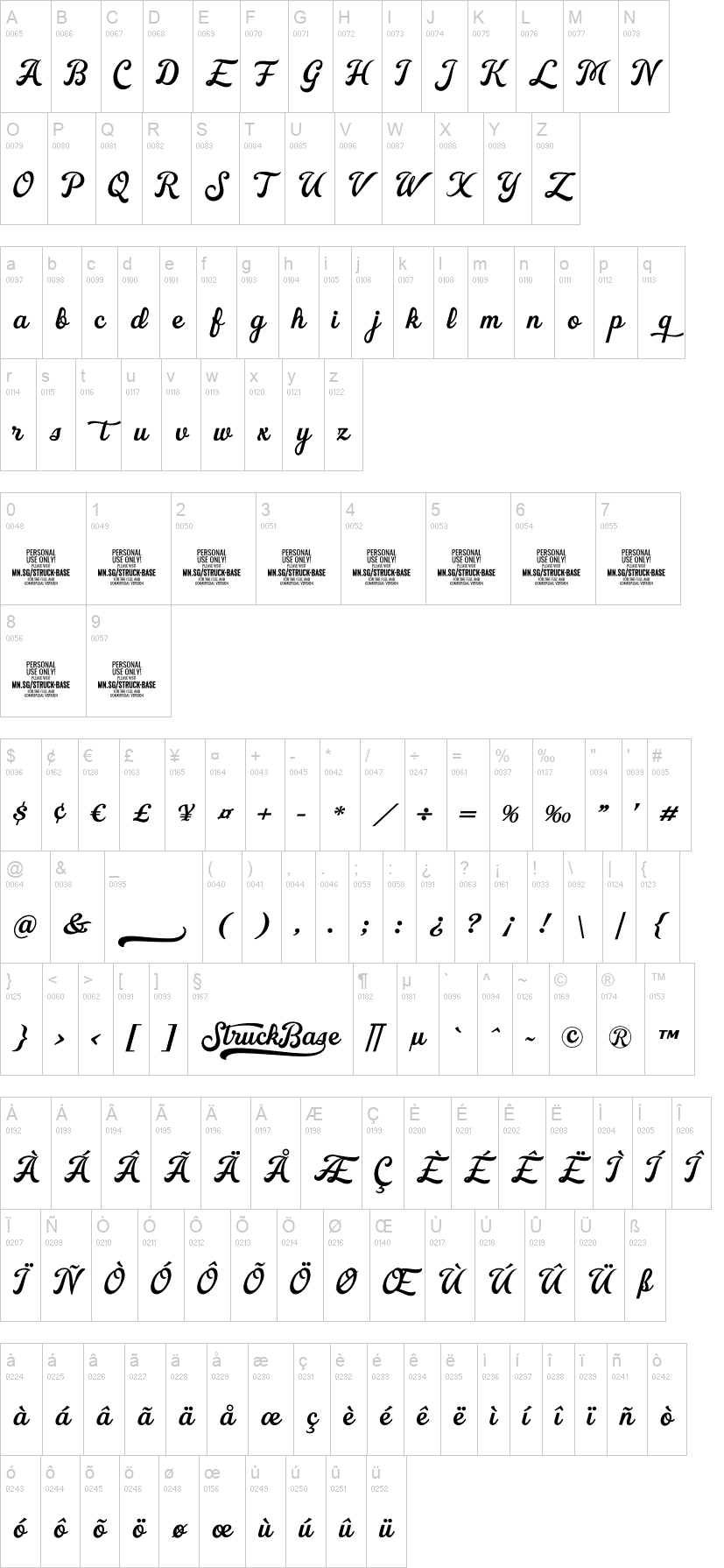 Struck Base 字体字形表