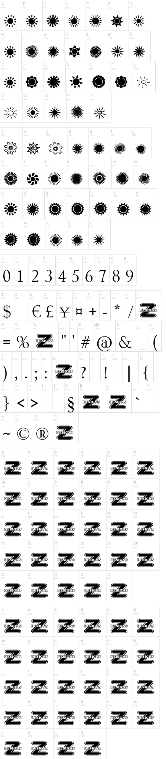 Suns and Stars 字体字形表