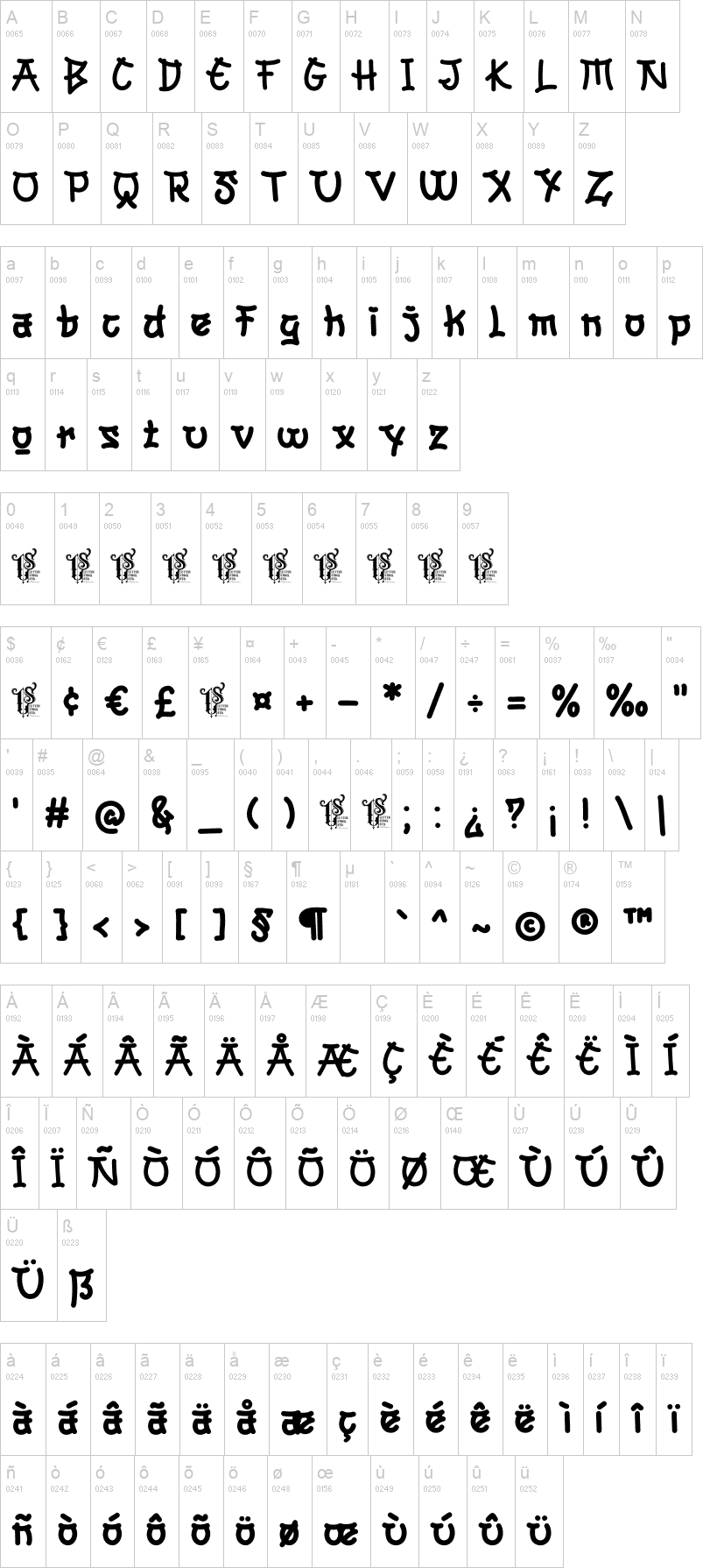Takoya 字体字形表