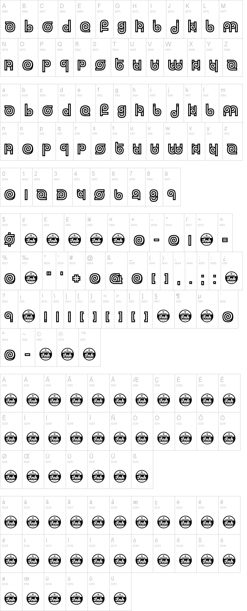 Twizzled 字体字形表