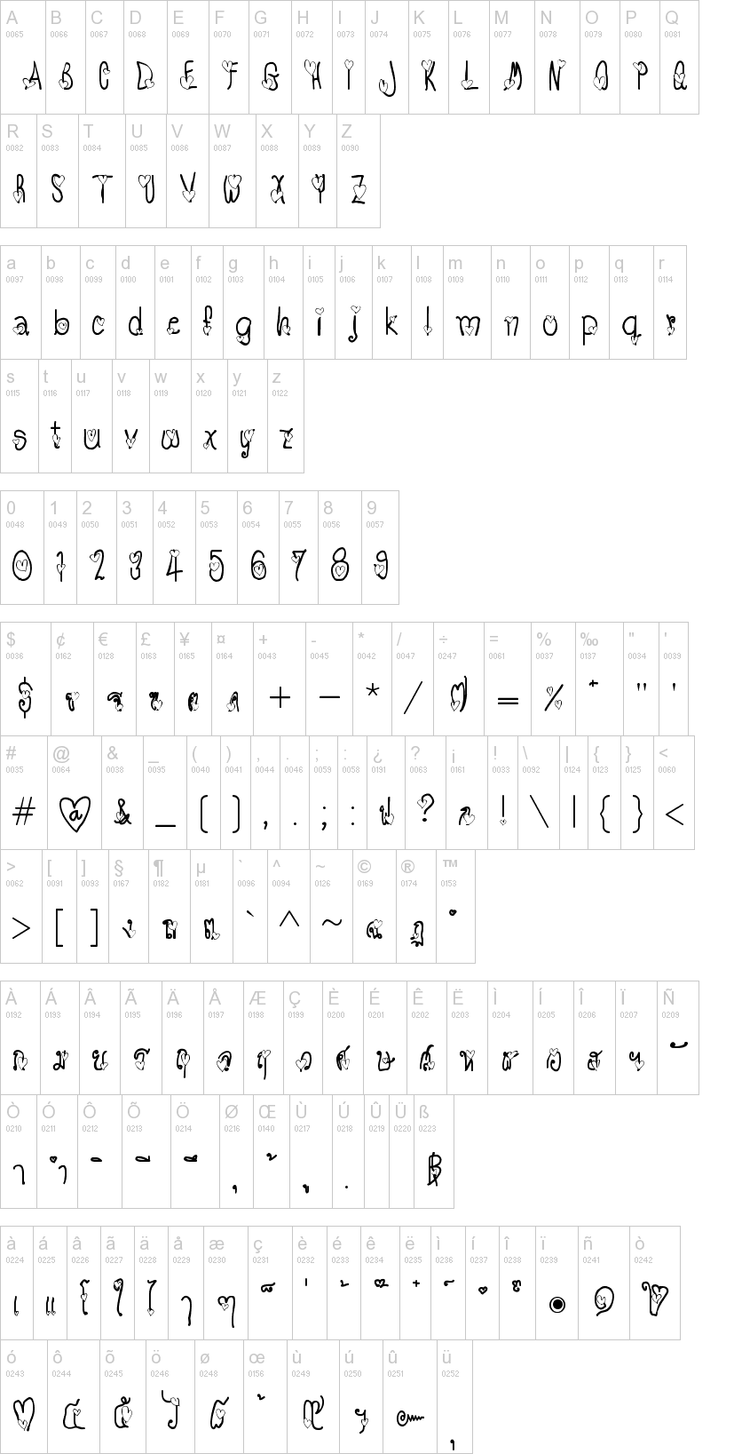 TX Love 字体字形表