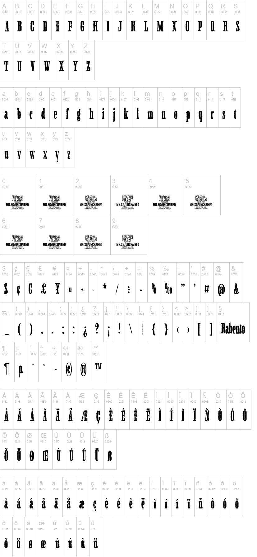 Unchained 字体字形表