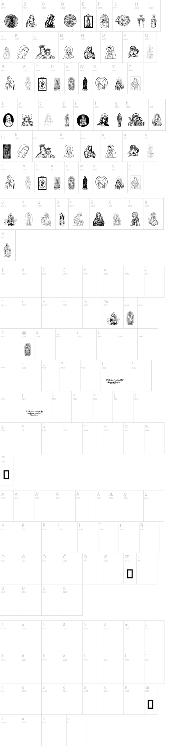 Virgin Mary 字体字形表