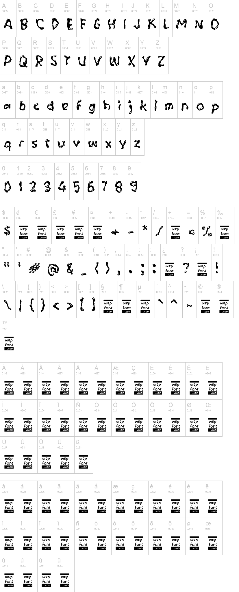 Yabeno 字体字形表