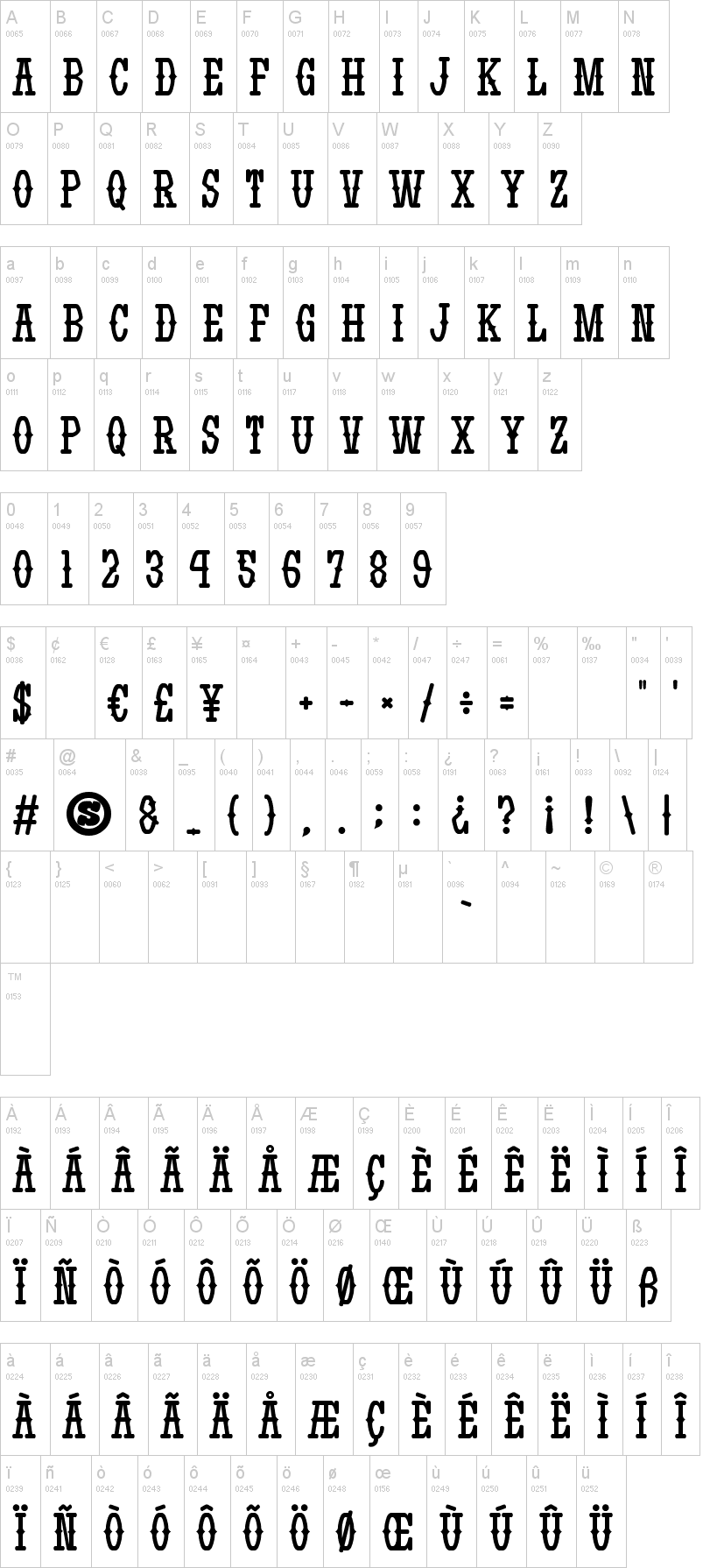 Yatsurano Western 字体字形表